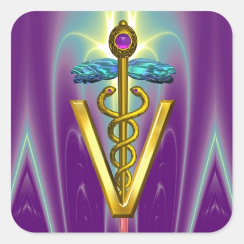 GOLD CADUCEUS VETERINARY SYMBOL Purple Green Square Sticker