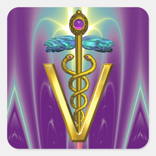 GOLD CADUCEUS VETERINARY SYMBOL Purple Green Square Sticker (Front)