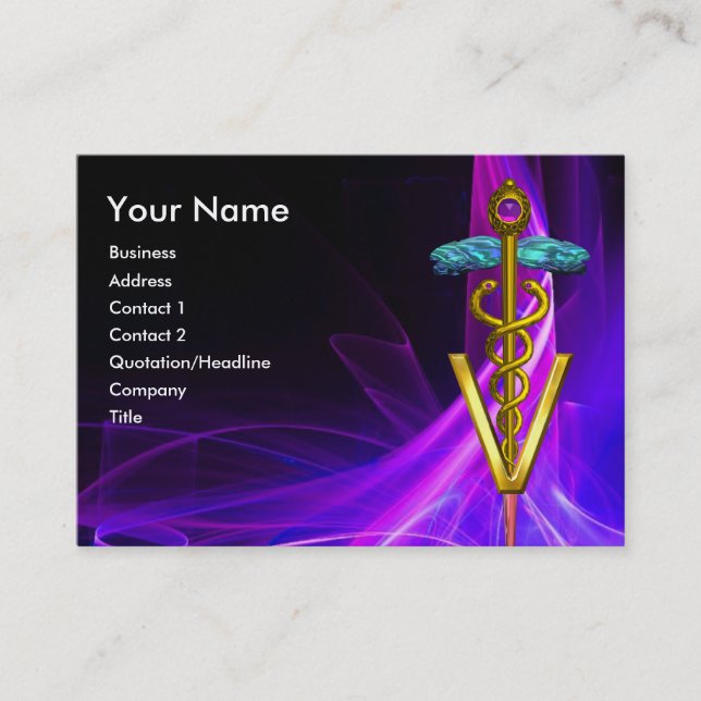 GOLD CADUCEUS VETERINARY SYMBOL PURPLE LIGHT WAVES BUSINESS CARD (Front)