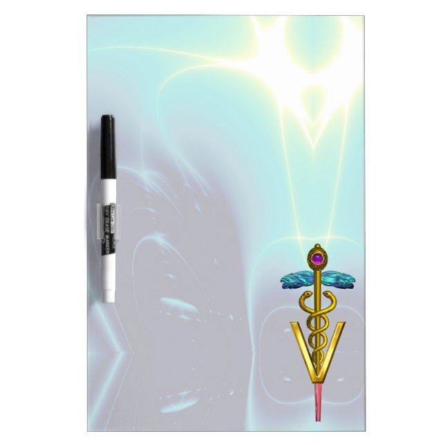 GOLD CADUCEUS VETERINARY SYMBOL,Teal Blue Dry Erase Board (Front)