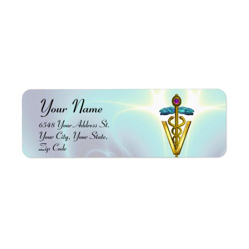 GOLD CADUCEUS VETERINARY SYMBOL Teal Blue Label