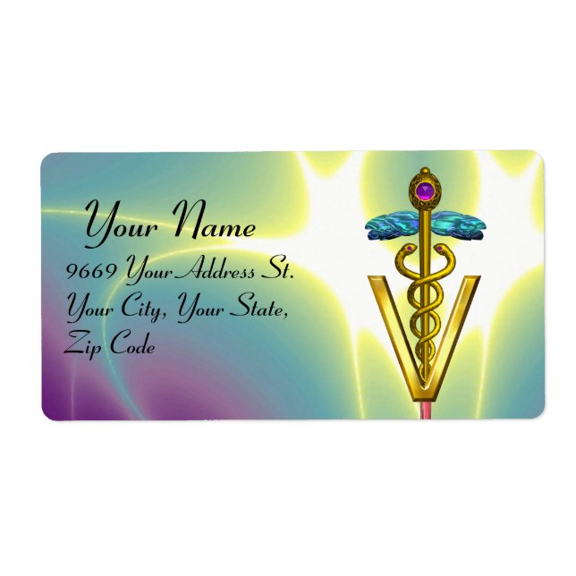 GOLD CADUCEUS VETERINARY SYMBOL Teal Blue Label (Front)