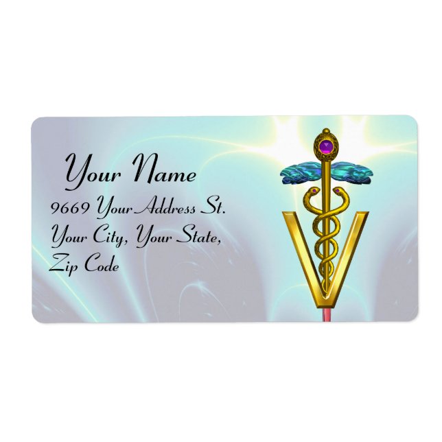 GOLD CADUCEUS VETERINARY SYMBOL Teal Blue Label (Front)