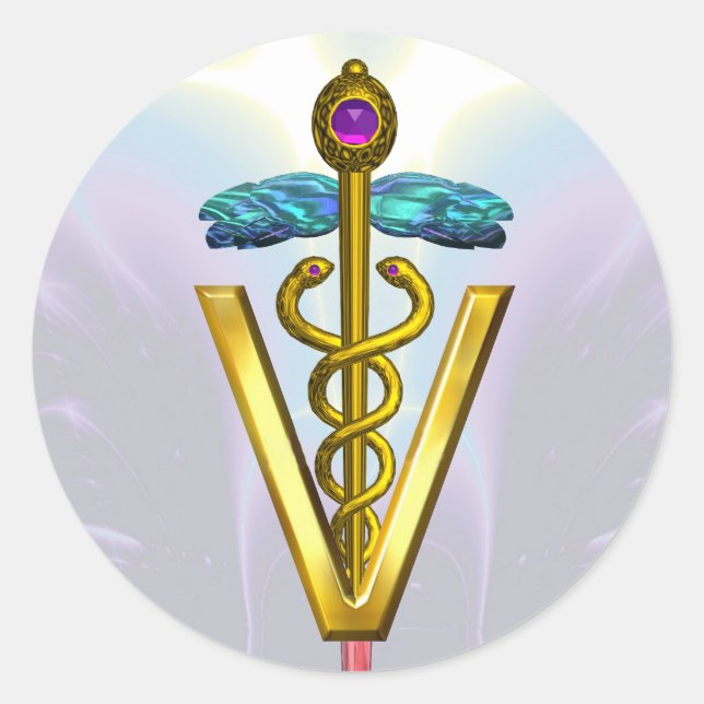 GOLD CADUCEUS VETERINARY SYMBOL Teal Blue Purple Classic Round Sticker (Front)