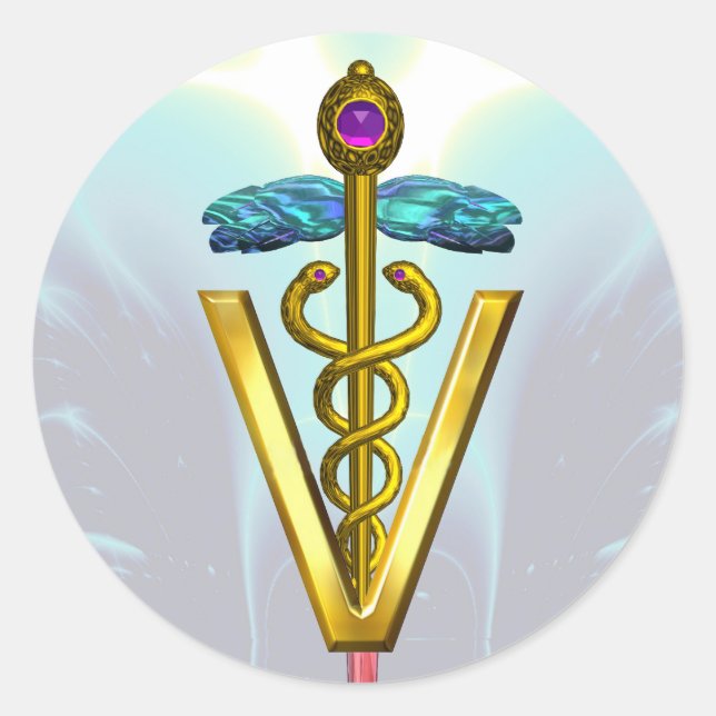 GOLD CADUCEUS VETERINARY SYMBOL Teal Blue White Classic Round Sticker (Front)