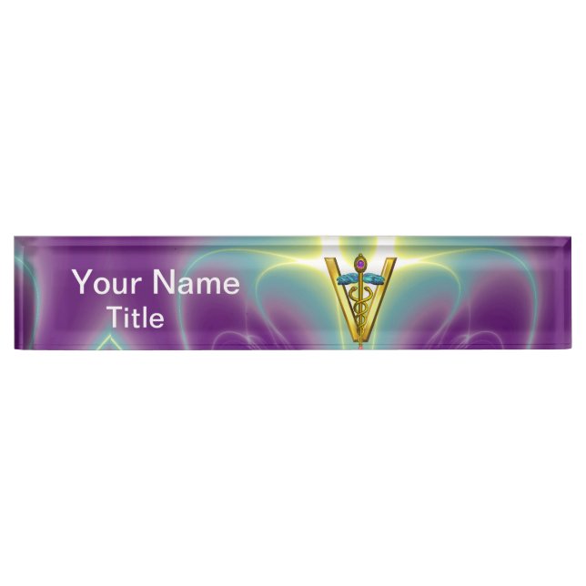 GOLD CADUCEUS VETERINARY SYMBOL Teal Green Purple Desk Name Plate (Front)