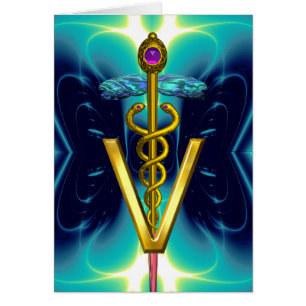 GOLD CADUCEUS VETERINARY SYMBOL Turquoise Blue Cards