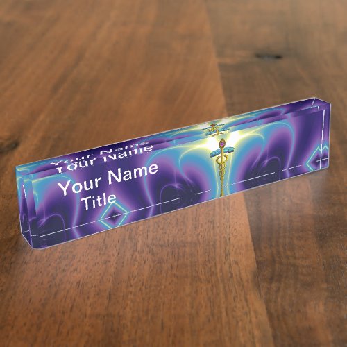 GOLD CADUCEUS  vibrant blue purple ametyst Desk Name Plate