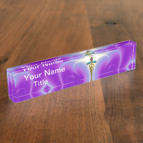 GOLD CADUCEUS  vibrant blue purple ametyst Desk Name Plate