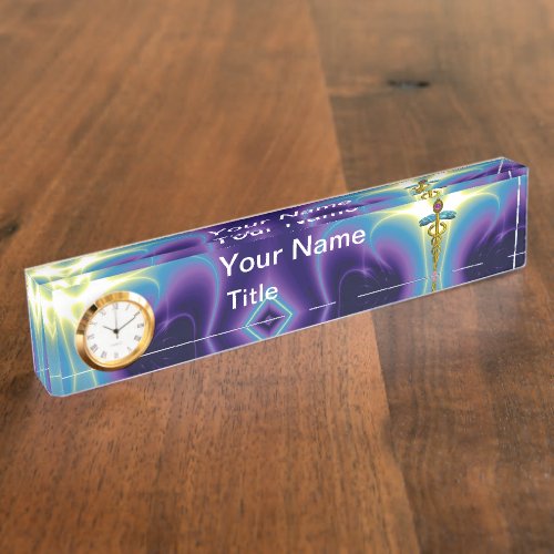 GOLD CADUCEUS  vibrant blue purple ametyst Name Plate