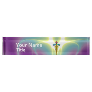 GOLD CADUCEUS , vibrant purple ametyst Name Plate