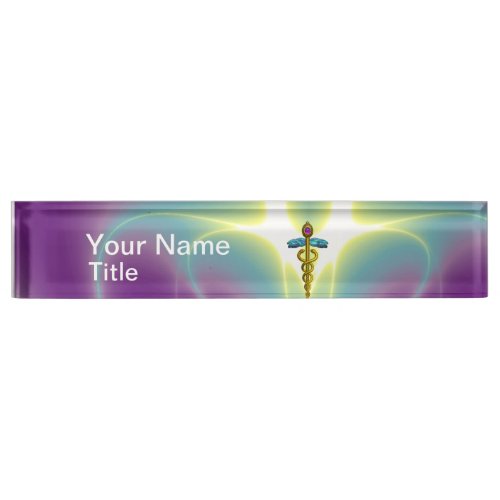 GOLD CADUCEUS  vibrant purple ametyst Name Plate