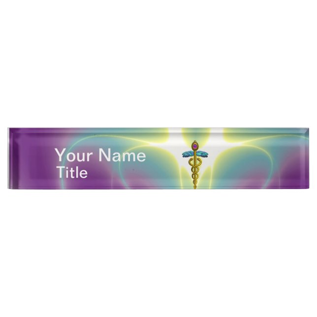 GOLD CADUCEUS , vibrant purple ametyst Name Plate (Front)