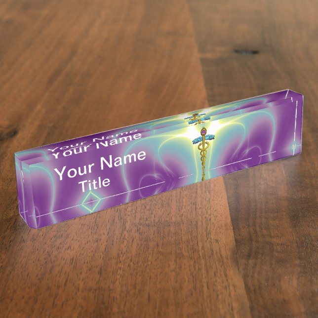 GOLD CADUCEUS , Vibrant Purple Green Name Plate (Side)