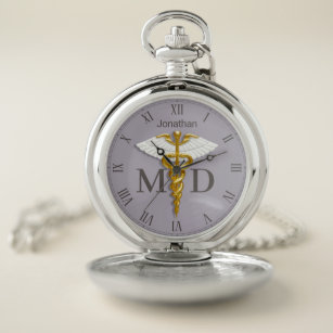 Gold Caduceus White Wings Name Medical Doctor MD Pocket Watch