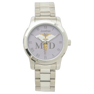 Gold Caduceus White Wings Name Medical Doctor MD Watch