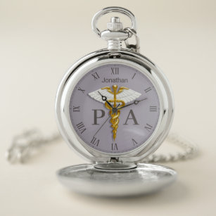 Gold Caduceus White Wings Name Physician Assistant Pocket Watch