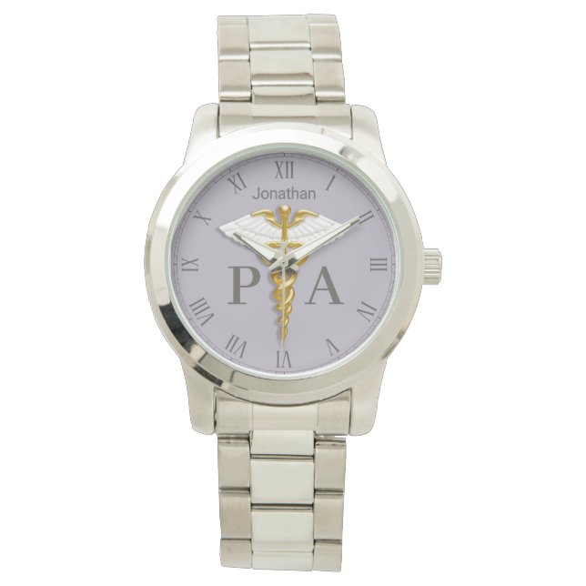 Gold Caduceus White Wings Name Physician Assistant Watch (Front)