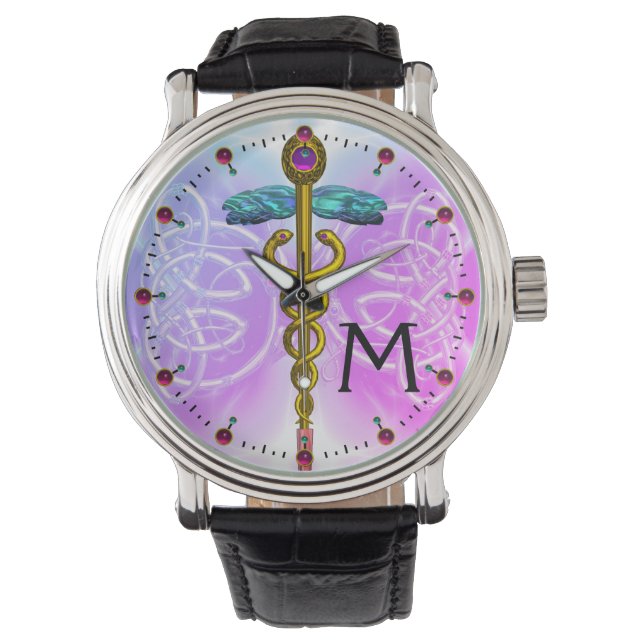 GOLD CADUCEUS WITH CELTIC KNOTS MONOGRAM Teal Pink Watch (Front)