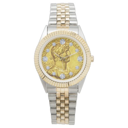 Gold Caesar Antiquities Coin Diamond Dial Watch