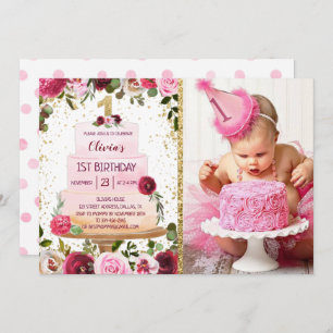 Gold Cake 1st Birthday Invitation With Photo