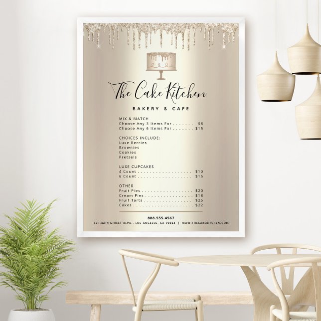 Gold Cake Bakery Chef Glitter Drip Menu Price List Poster (Creator Uploaded)