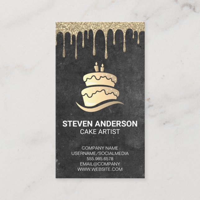Gold Cake Logo | Gold Glitter Icing Drip Business Card (Front)