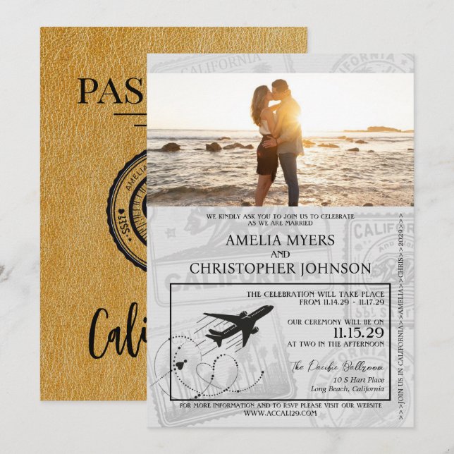 Gold California Passport Wedding Invitation (Front/Back)