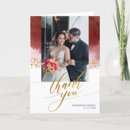 Gold Calligraphic Script Burgundy Photo Wedding Thank You Card