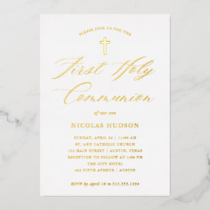 Gold Calligraphy and Cross First Holy Communion Foil Invitation