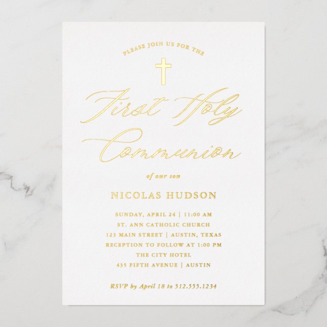 Gold Calligraphy and Cross | First Holy Communion Foil Invitation (Front)