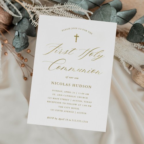 Gold Calligraphy and Cross  First Holy Communion Invitation
