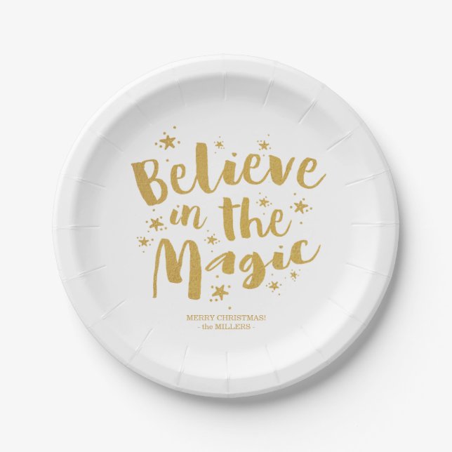 Gold Calligraphy Believe In The Magic Christmas Paper Plates (Front)
