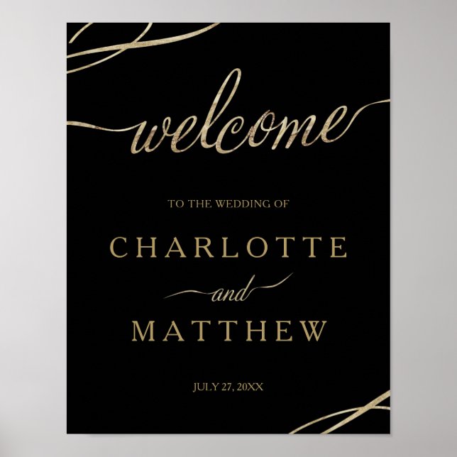 Gold Calligraphy | Black Welcome Wedding Poster (Front)