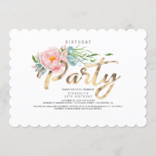 Gold Calligraphy Blush Pink Florals Birthday Invitation