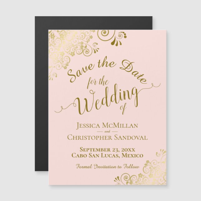 Gold Calligraphy Blush Pink Save the Date Magnet (Front/Back)