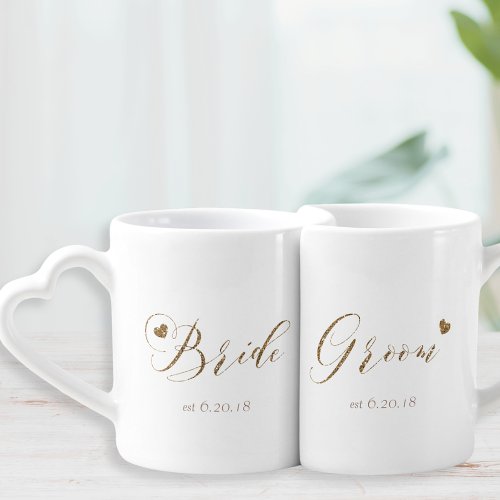 Gold Calligraphy Bride and Groom Newlyweds Coffee Mug Set