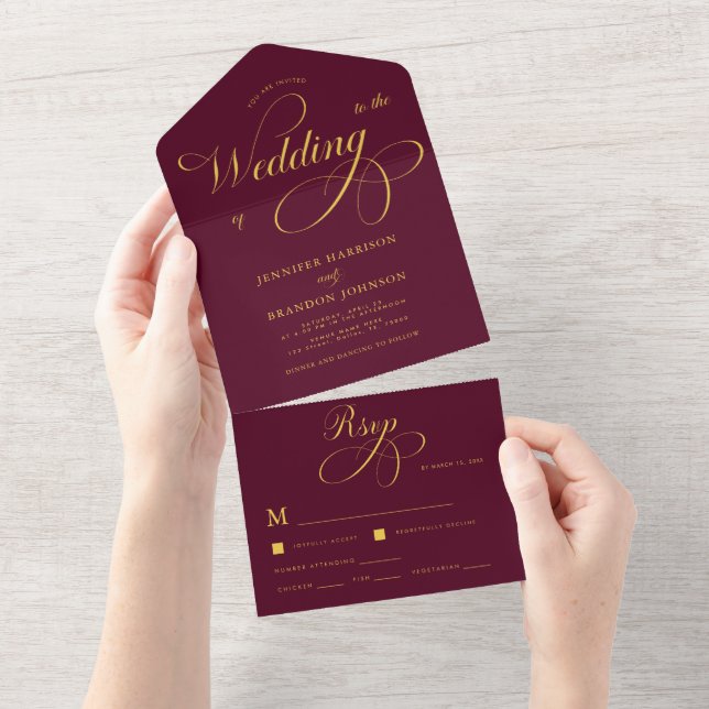Gold Calligraphy Burgundy Classy Elegant Wedding All In One Invitation (Tearaway)