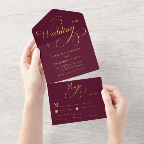 Gold Calligraphy Burgundy Classy Elegant Wedding All In One Invitation