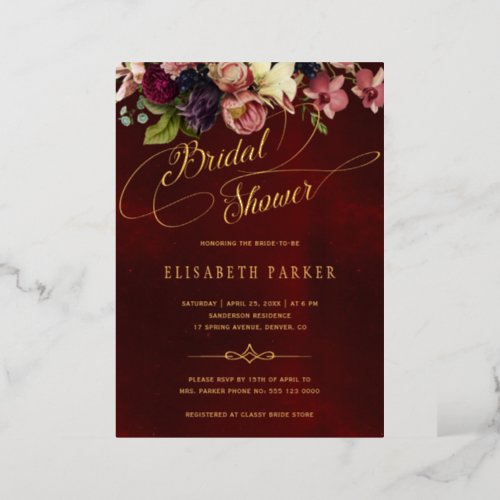 Gold calligraphy burgundy vintage bridal shower foil invitation