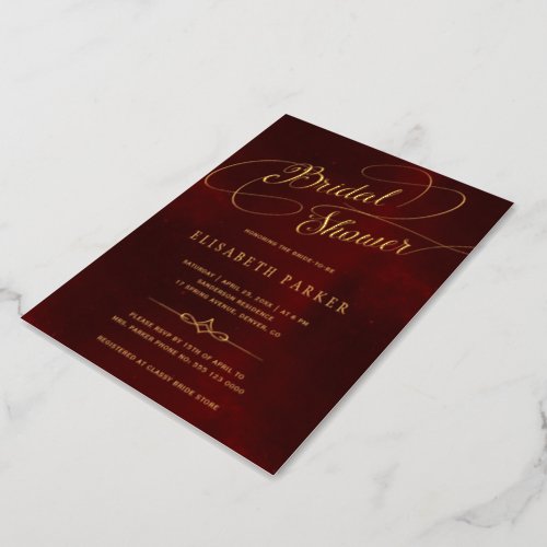 Gold calligraphy burgundy vintage bridal shower foil invitation
