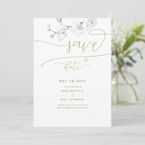 Gold Calligraphy Chic Orchid Wedding Save the Date Invitation