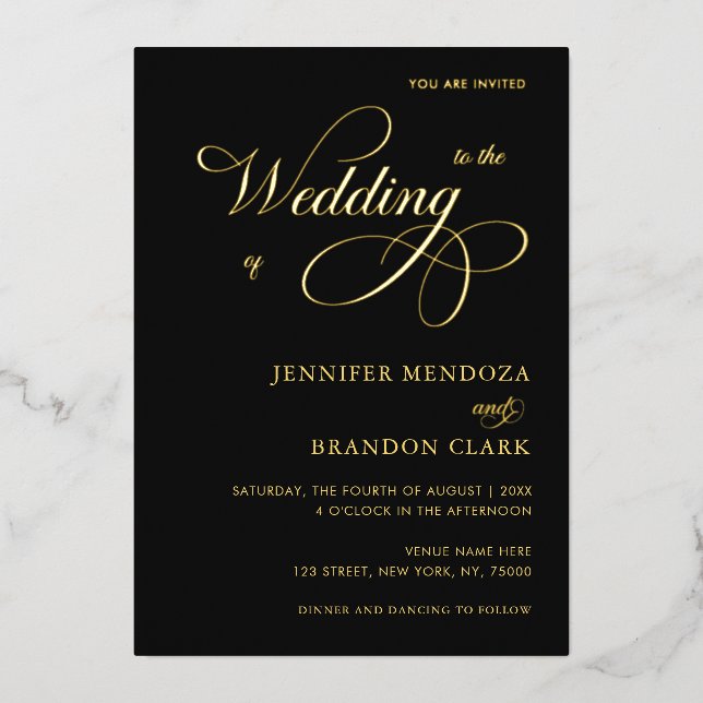 Gold Calligraphy Classic All in One Wedding Real Foil Invitation (Front)