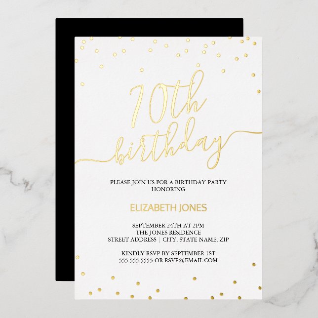Gold Calligraphy Confetti 70th Birthday Party  Foil Invitation (Front/Back)