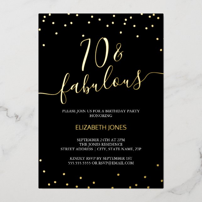 Gold Calligraphy Confetti 70th Fabulous Birthday  Foil Invitation (Front)
