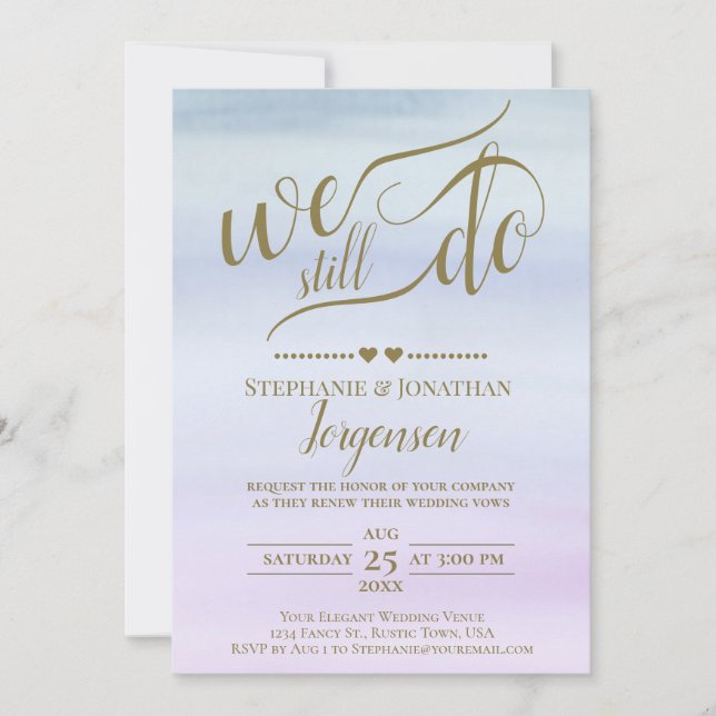 Gold Calligraphy Dusty Blue & Lilac Vow Renewal Invitation (Front)