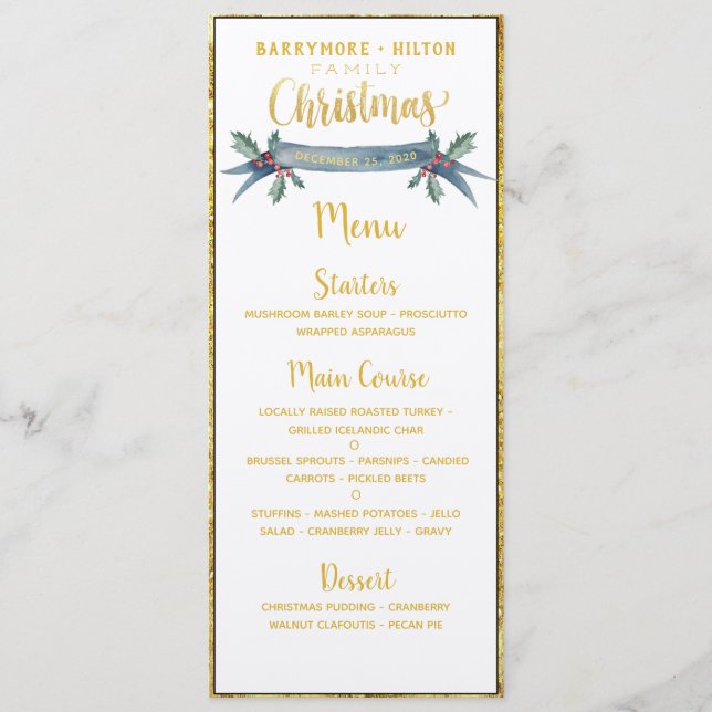 Gold Calligraphy Elegant Family Christmas Dinner Menu (Front)