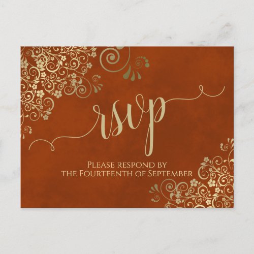 Gold Calligraphy Elegant Rust Orange Wedding RSVP Postcard