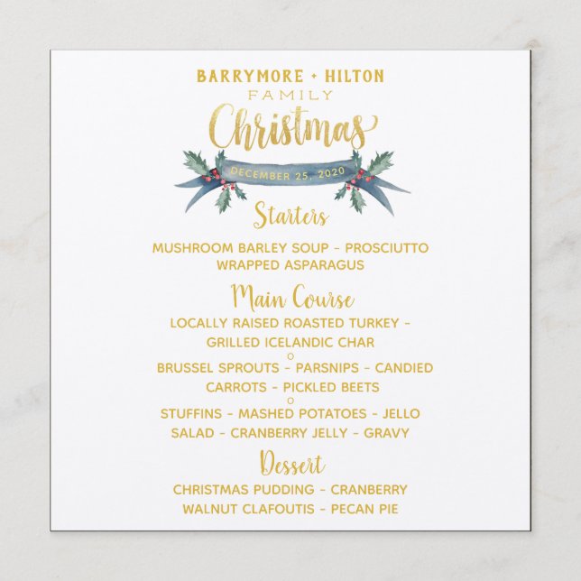 Gold Calligraphy Elegant Sprig Christmas Dinner Menu (Front)