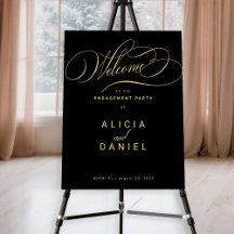 Gold calligraphy engagement party welcome sign